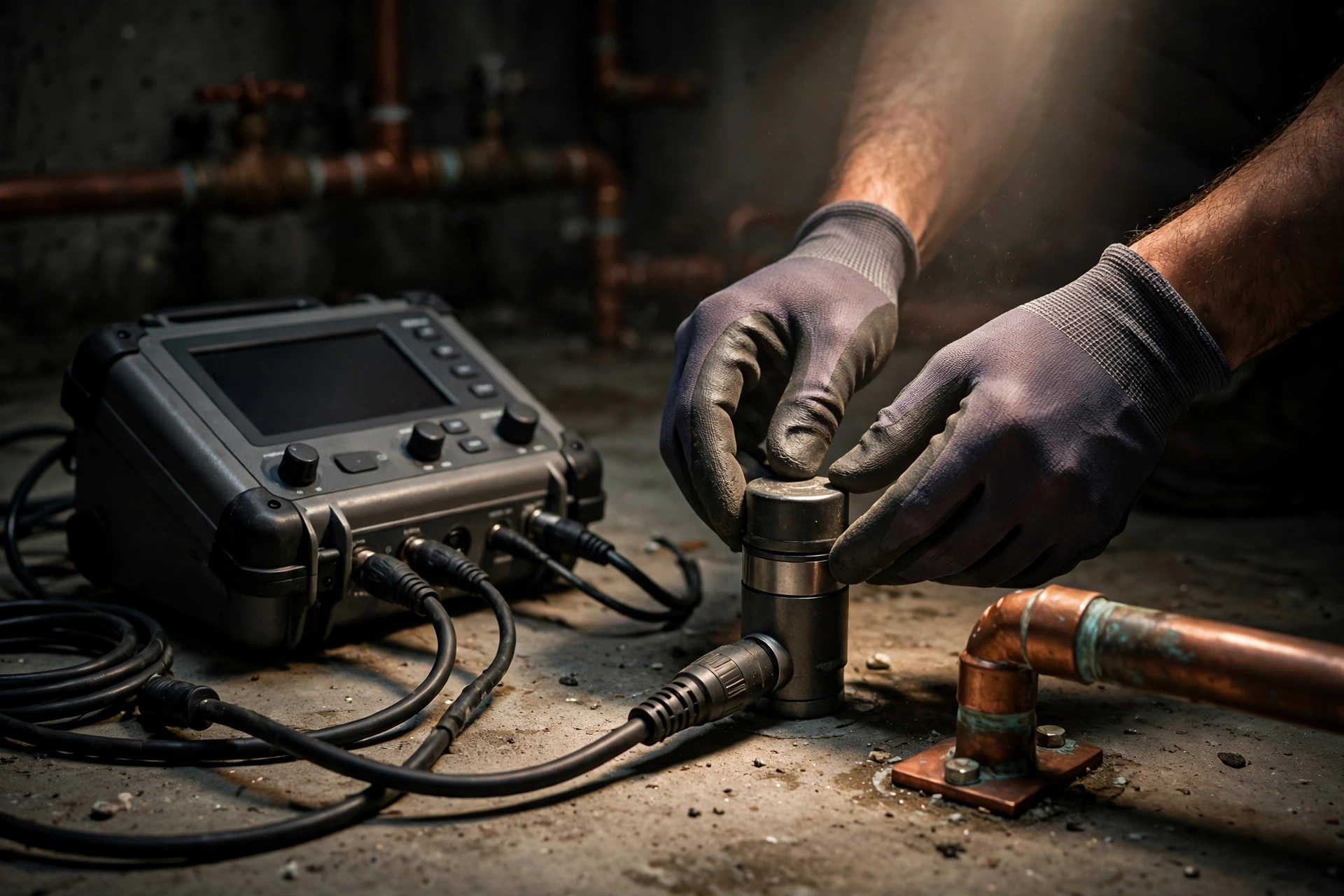 Acoustic equipment detecting slab leak warning signs under a concrete foundation